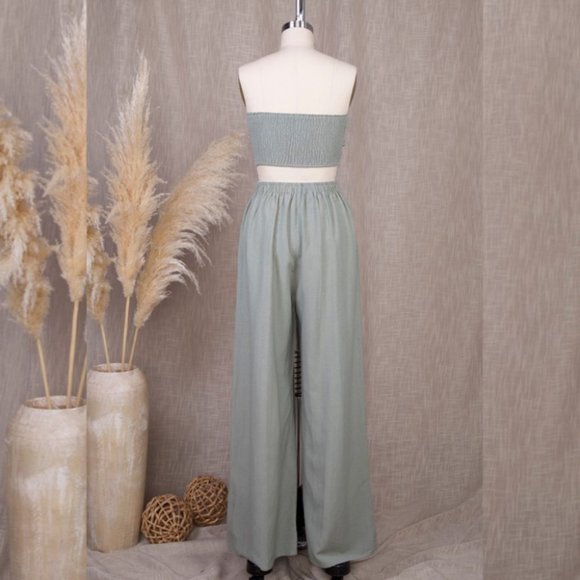 Linen Cotton Tube Top & Flare Pant Beach Set Mint - Picture 2 of 2
